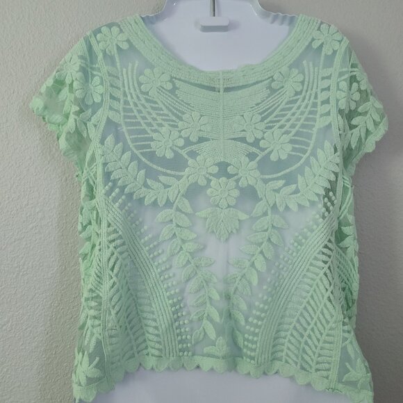 Express women's Mint Green Embroidered Mesh Sheer Top Size Small - Picture 4 of 9